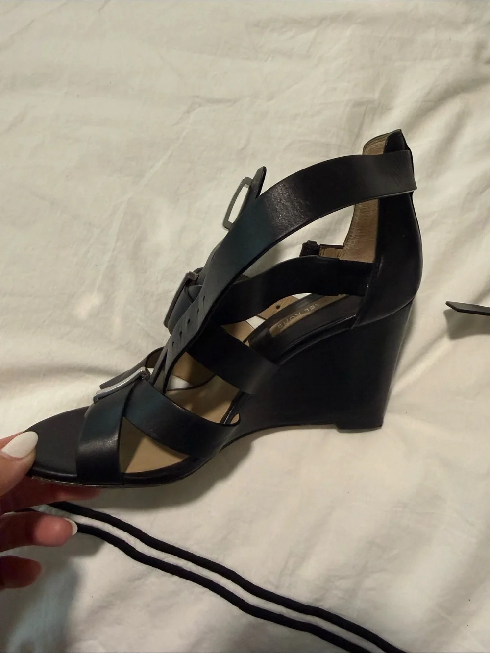 Michael Kors Black Strappy Leather Heeled Sandals with Silver Accents